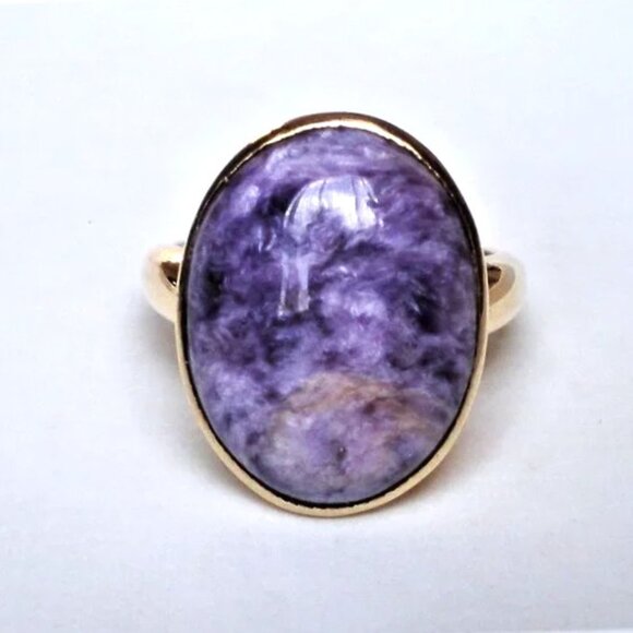 Vintage Solid 18K 750 Yellow Gold Russian Purple Violet Charoite Cabochon Ring - Picture 4 of 12